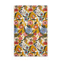 Tea towel with a pattern of blue, red and yellow flowers on white and yellow background.
